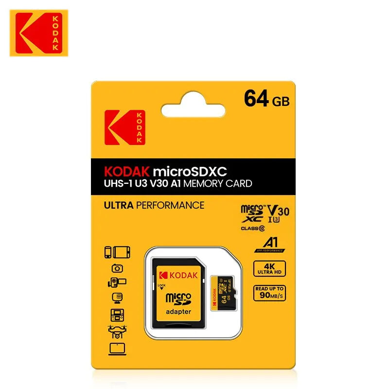 Grabadora de conducción con tarjeta de memoria KODAK de 32 GB y 64 GB, tarjeta de memoria Micro SD para teléfono móvil, PC, auriculares, altavoces, cámara HD, interruptor de juego