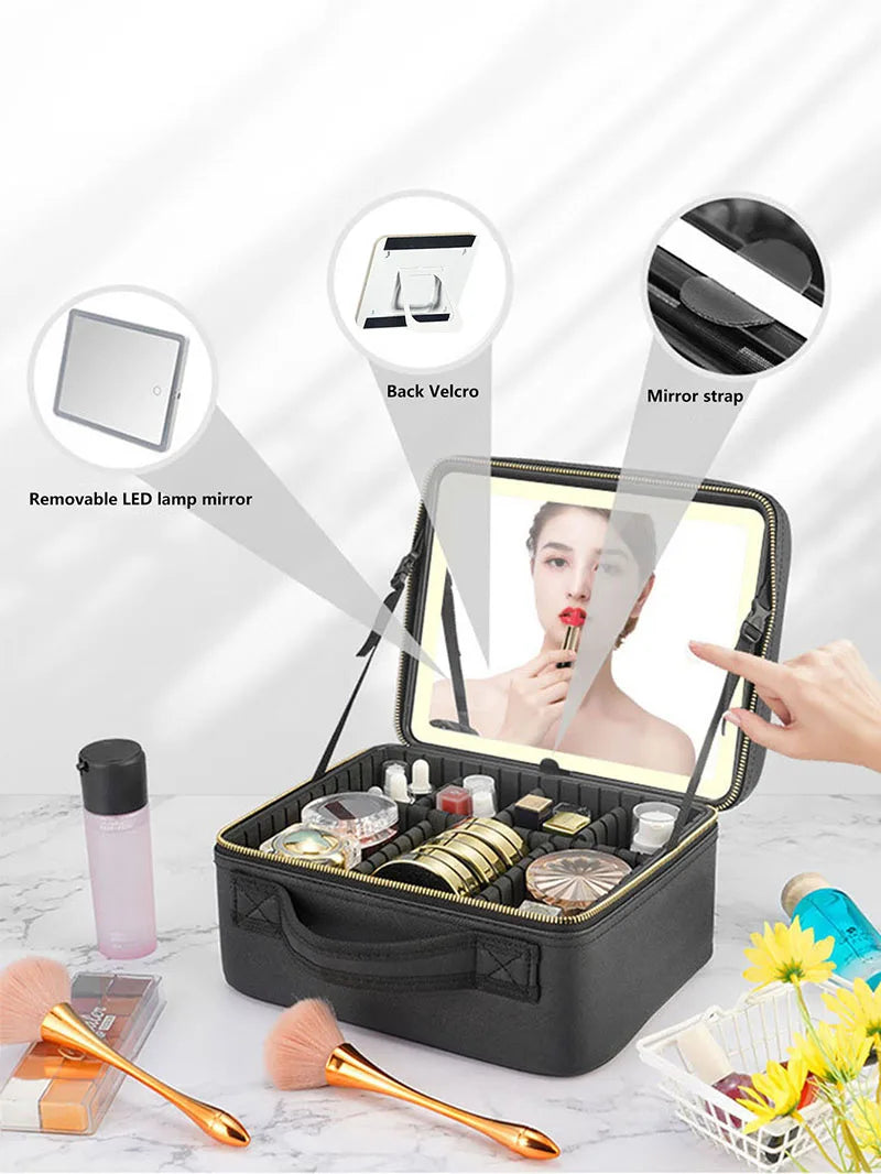 Smart LED Travel Makeup Case with Mirror Large Capacity Organizer for Women and Beauticians