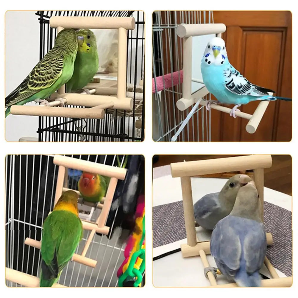 Wood Bird Mirror With Perch Stand Bird Toy Stand Bird Toy For Parrot Parakeets Cockatiels Cage Cage Parakeet Accessories
