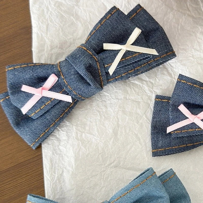 Denims Bow Hair Clip Balletcore Large Bowknot Blue Headdress Elegant Hairpin Dropship