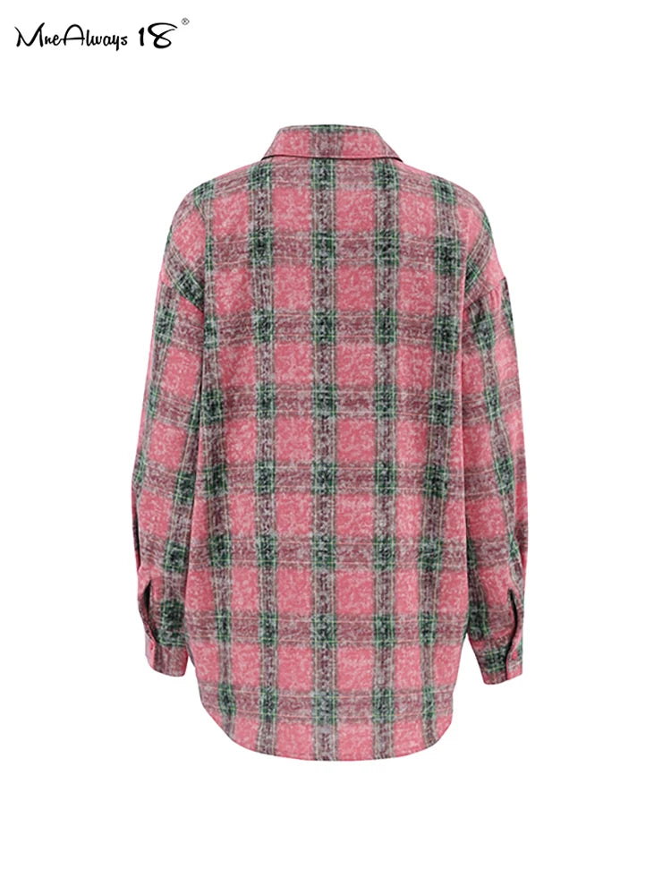 Mnealways18 Pink Checked Washed Shirts For Women Long Sleeve Street Style Plaid Blouses And Tops Oversized Ladies Lapel Loose