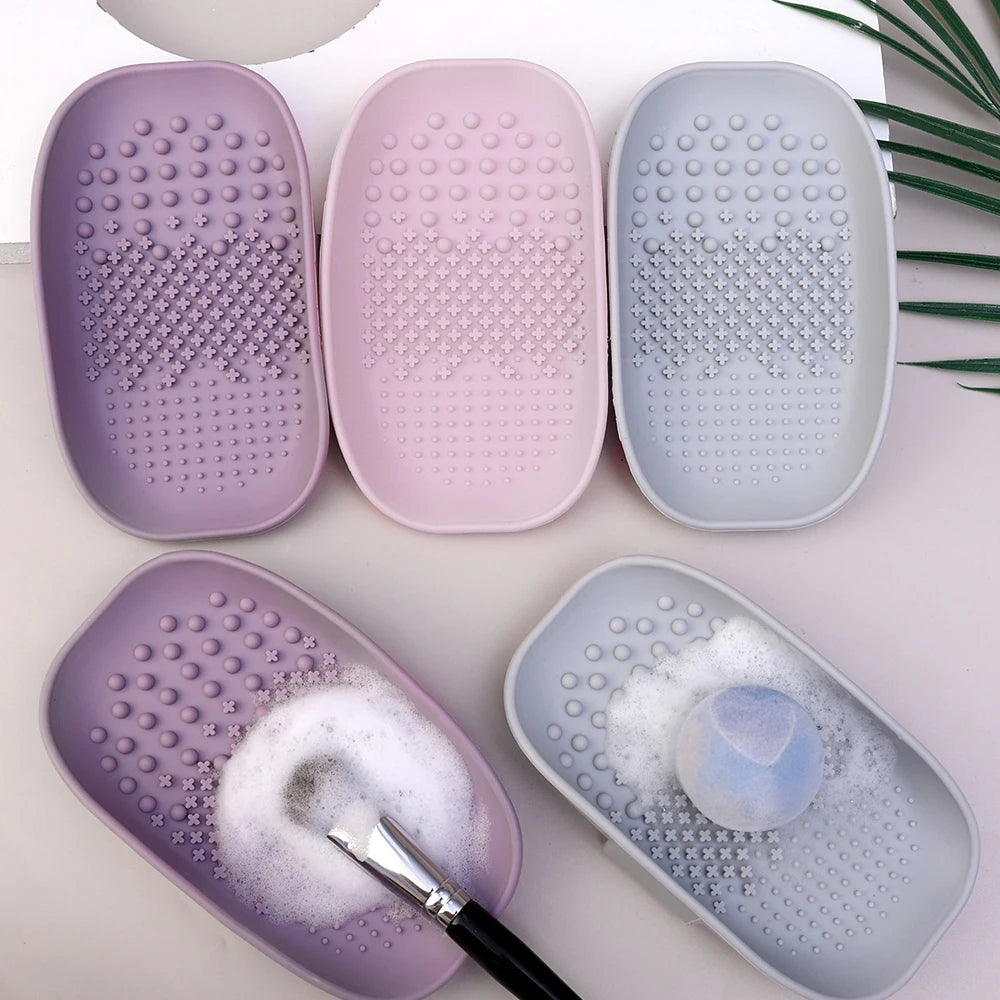 Makeup Brush Cleaner Bowl Soft Silicone Eyeshadow Brushes Powder Puff Washing Washboard Round Corner Cleaning Scrubber Box Tool