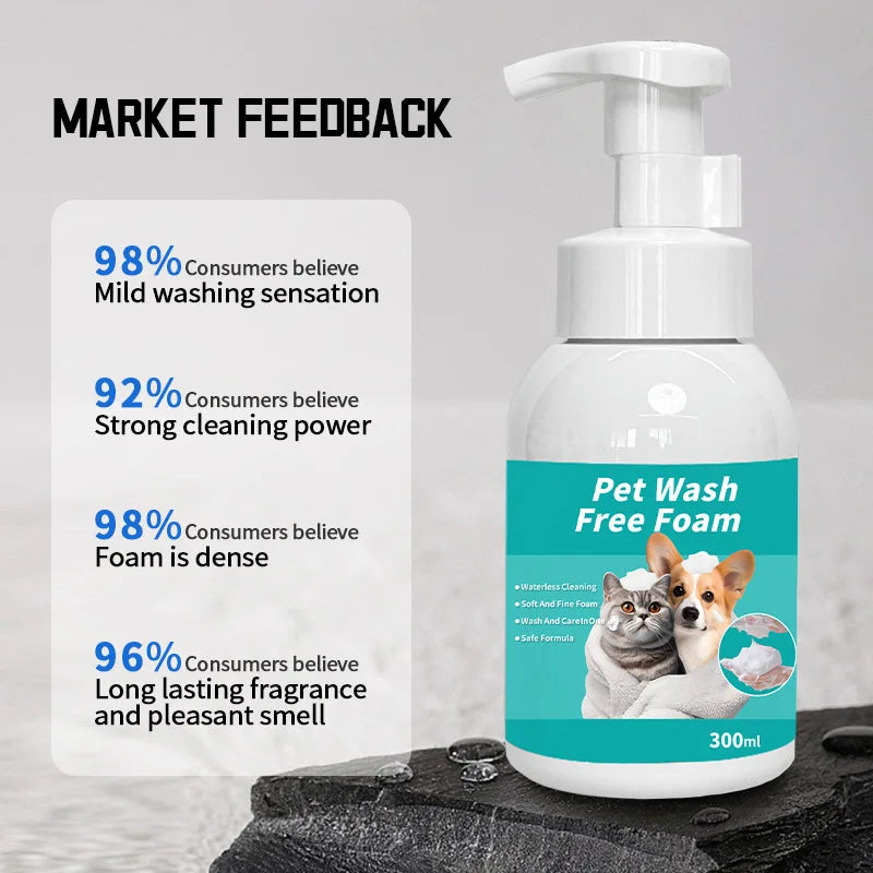 Waterless Pet Shampoo Foam for Dogs Cats 300ml Deodorizing Dry Bath with Odor Removal No-Rinse Cleaning Formula