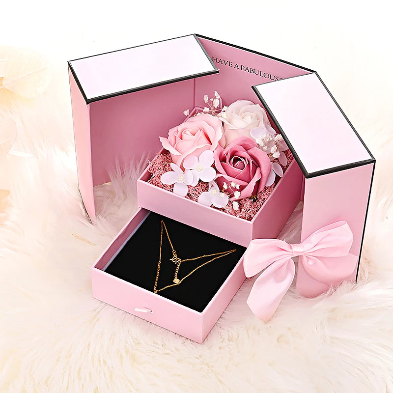 Rose Jewelry Gift Box Bow Packaging Luxury Double Door Drawer Necklace For Girlfriend Mom Simulation Flower Creative Romantic