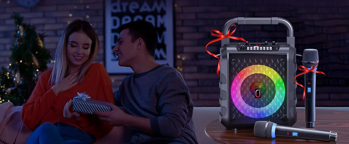 T17 Karaoke Machine with 2 Wireless Microphones Portable Bluetooth Speaker and RGB Colorful Lights