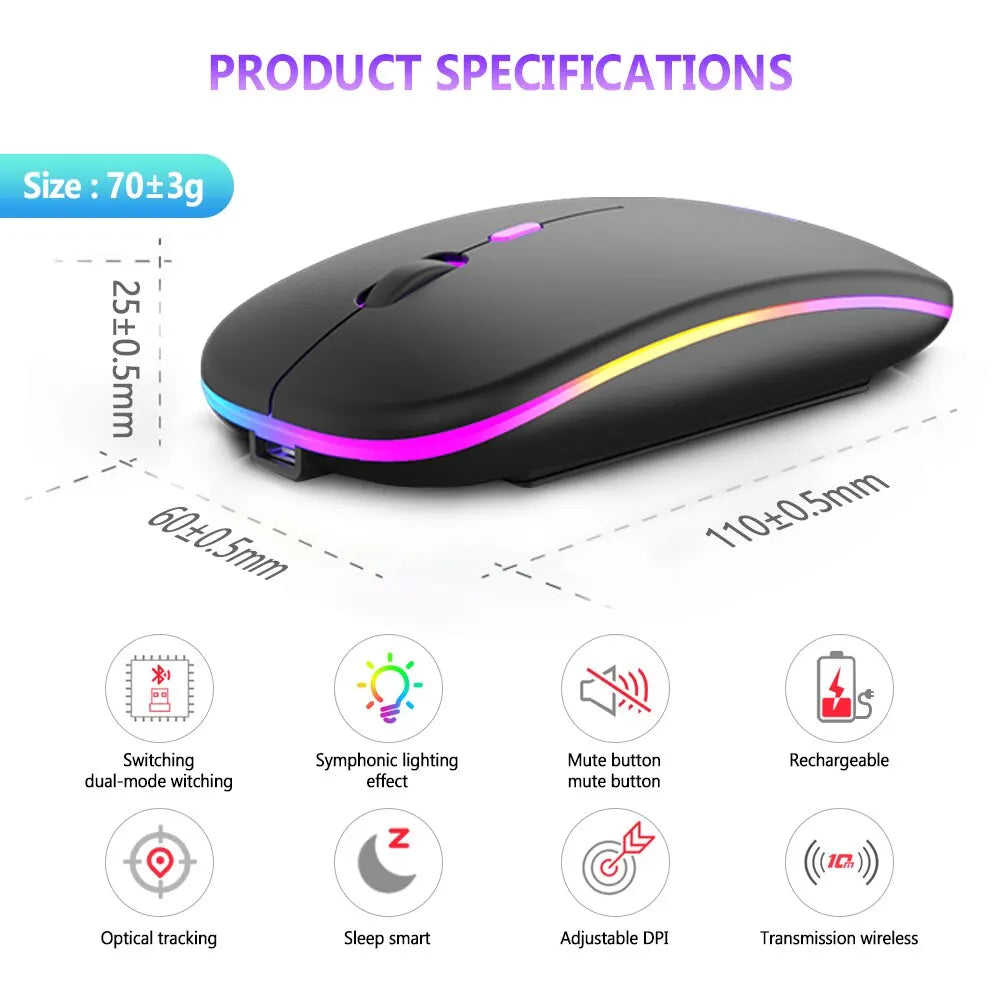 Wireless Mouse Bluetooth and 2.4GHz Dual Modes Rechargeable RGB Ergonomic Silent Click for PC iPad Laptop Cell Phone TV