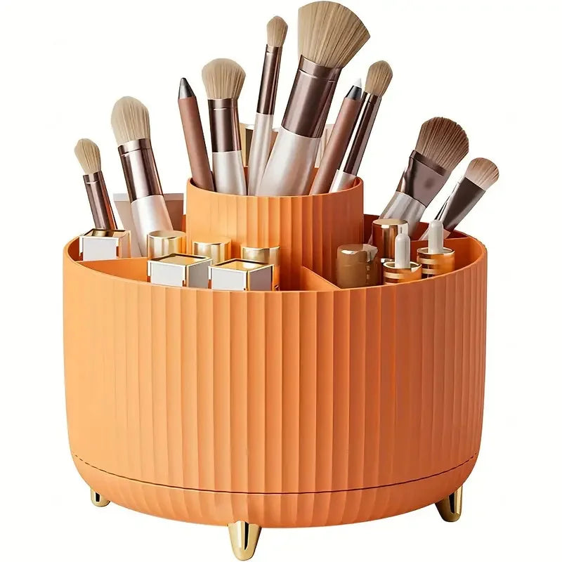 1pc 360°Rotating Makeup Organizer Storage Elegant Stripe Makeup Brushes Holder 5-Compartment Cosmetic Holder for Vanity Bathroom