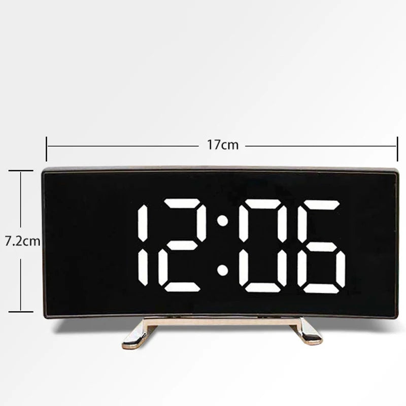 Creative Curved Electronic Clock LED Large Screen Mirror Alarm Clock for Students Silent Multifunctional Desktop Use