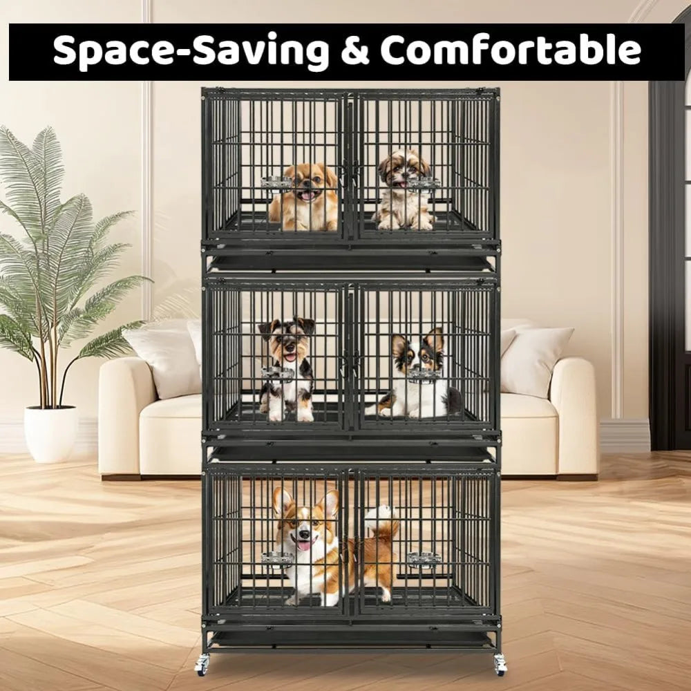 Three Tiers 43 inch Heavy Duty Dog Crate with Wheels, Stackable Indestructible Steel Dog Cage Kennel Indoor with Divider, Trays