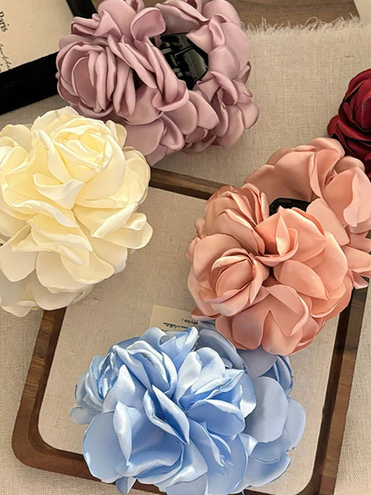 Fashion Satin Rose Flower Large Hair Claw Clip for Women 2024 Spring Summer Trendy Design Korean Colored Hairpin Headdress