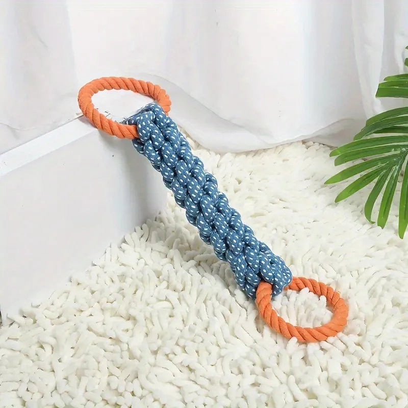 Dual-Handle Braided Rope Knot Pet Toy for All Dog Breeds - Durable Teeth Cleaning Chew Toy in Blue and Orange, Polyester Blend