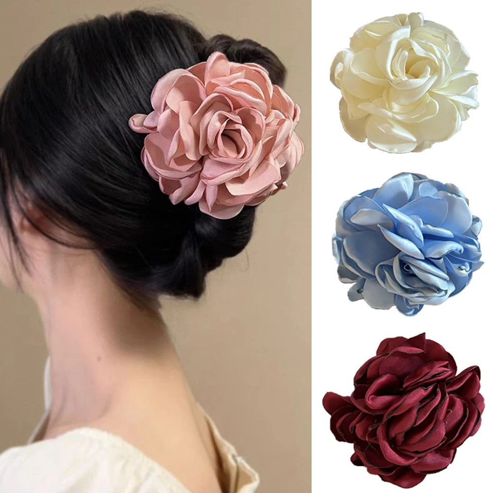 Fashion Satin Rose Flower Large Hair Claw Clip for Women 2024 Spring Summer Trendy Design Korean Colored Hairpin Headdress