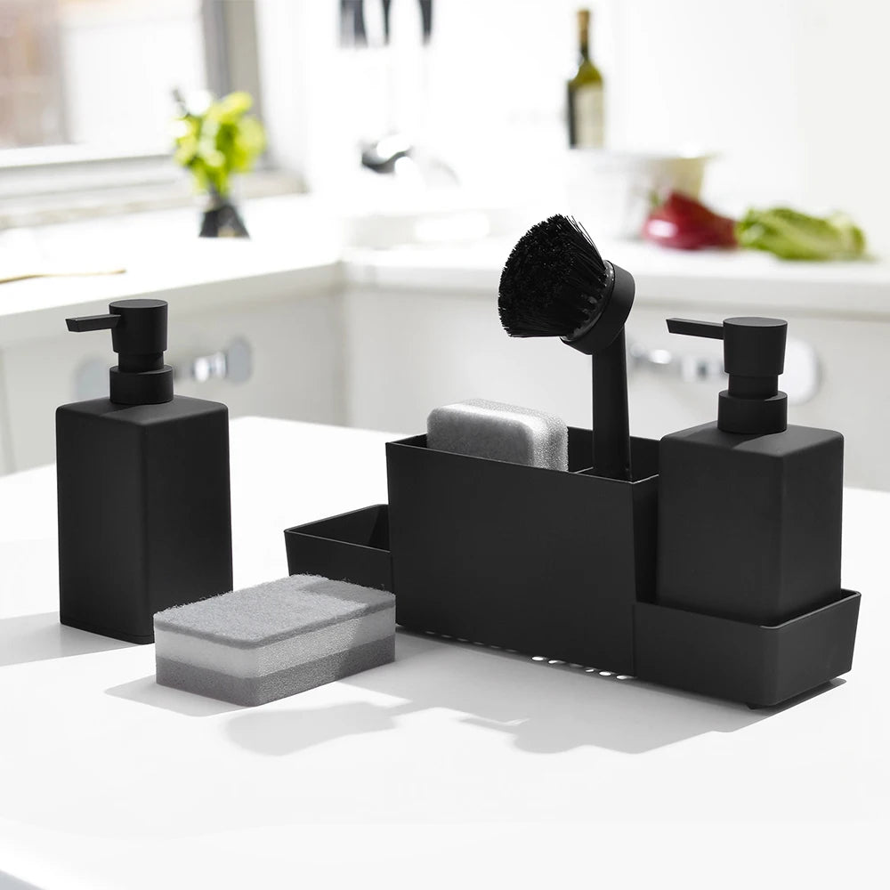 Matte Black Kitchen Soap Dispenser and Sponge Holder Set for Sink Caddy with Hand Soap and Dish Soap Storage