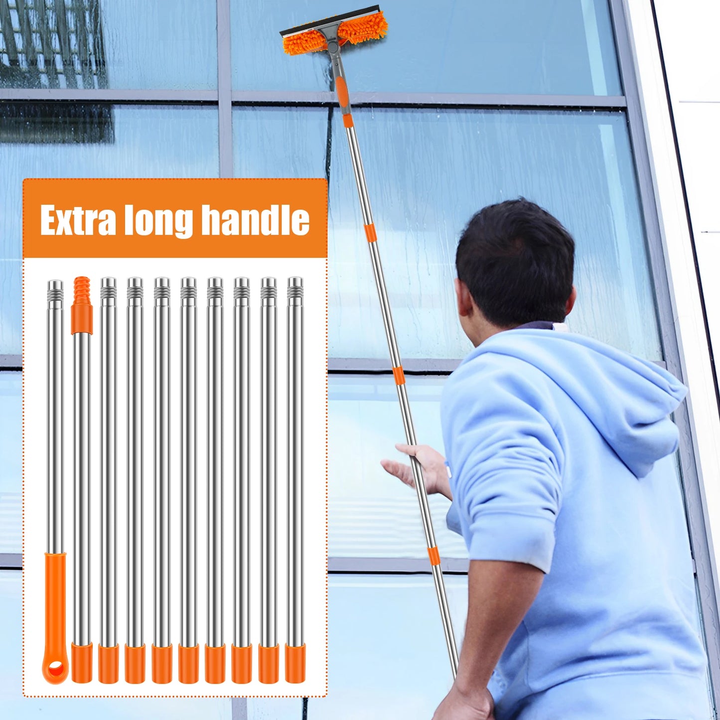 Extended Window Cleaning Kit with 2 in 1 Double Sided Glass Squeegee and Duster Mop 180 Degree Swivel Design for Effortless High Reach Cleaning