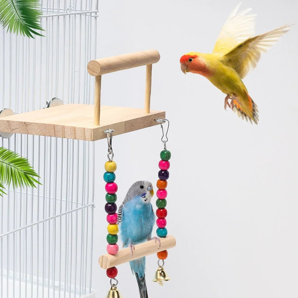 Bird Swing Toy Wooden Parrot Perch Stand Playstand with Chewing Beads Cage Playground for Budgie Birds Cage Decorations