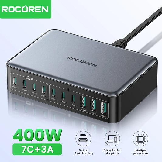 Rocoren 400W USB Type C Gan Charger Portable 10 in 1 Power Station for iPhone 16 Pro Max and MacBook Air