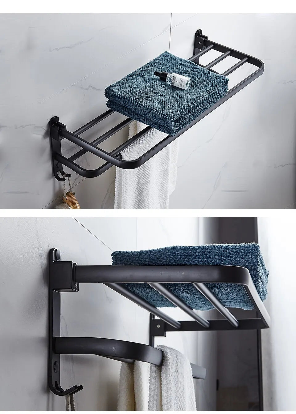 Matte Black 50CM Folding Holder With Hook Towel Holder Wall Mount AluminumTowel Rack