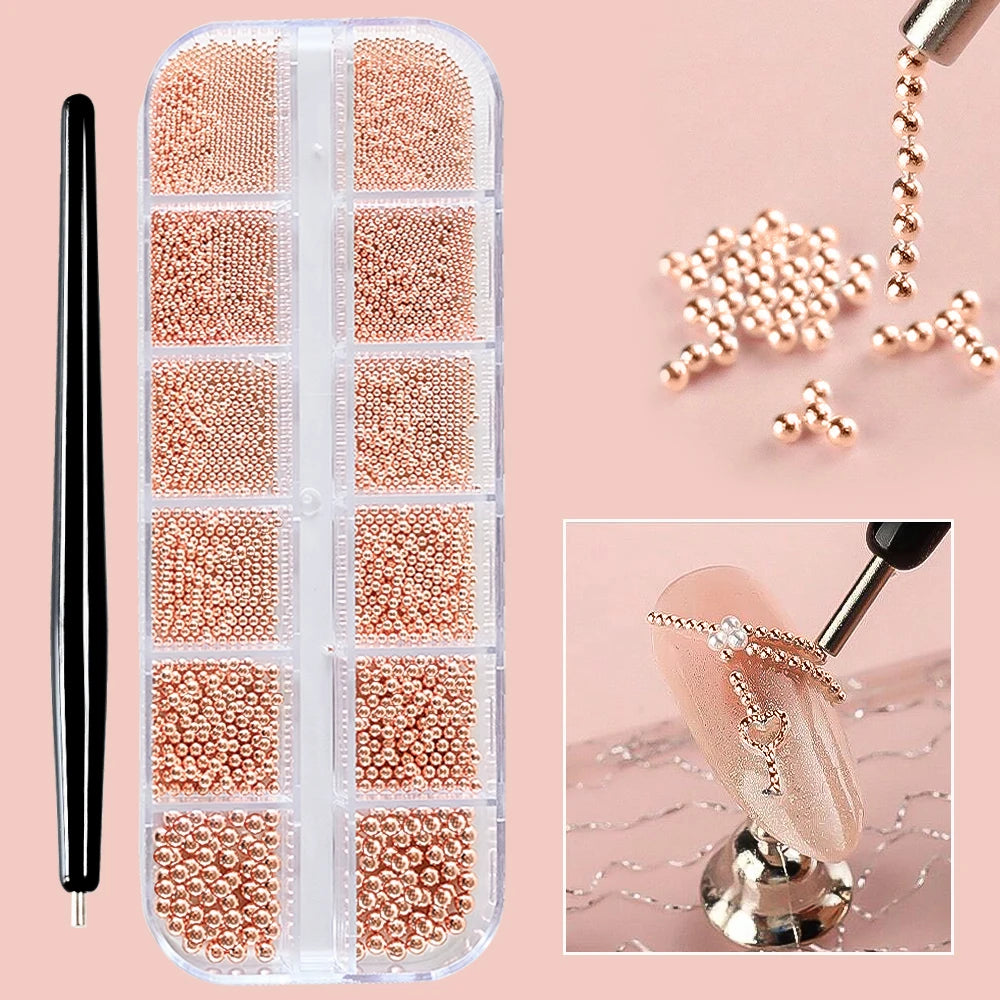 12 Grids Mini Caviar Beads Nail Art Charms 3D Metal Gold Silver Steel Ball (0.4mm-1.5mm) Nail Parts With Magnetic Pen Nail Decor