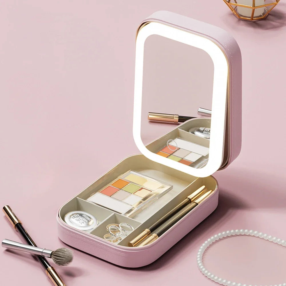 LED Mirror Makeup Storage Box Portable Travel Cosmetic Case Large Capacity with Built-In Light for Easy Application