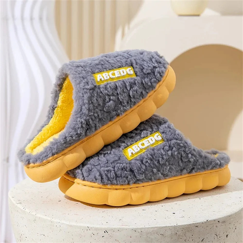 Women Winter Warm Home Slippers Thicken Indoor Boy Girl Floor Slides Plush High Heels Fur Cotton Shoes Ladies Couples Slipper