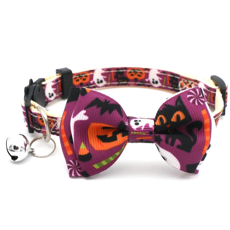 Puppy Kitten Necklace Adjustable Safety Buckle Strap Chihuahua Bow Tie Pet Supplies Happy Halloween Cat Collar with Bell Bowknot