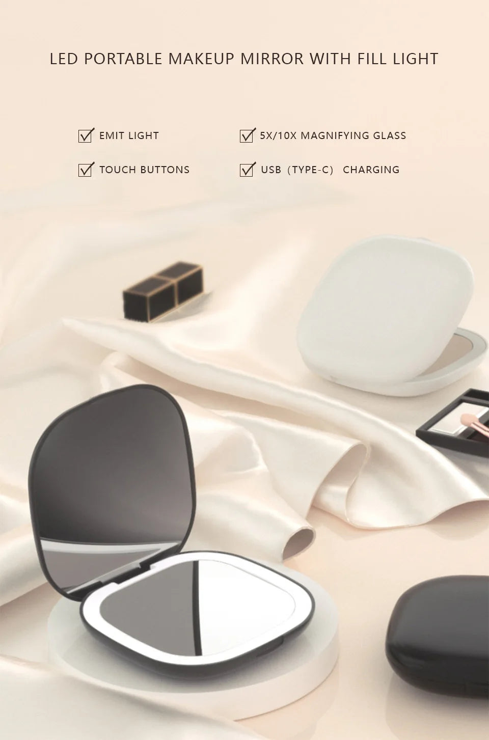 Mini Compact Foldable LED Makeup Mirror with 5x and 10x Magnification Rechargeable and Travel Friendly