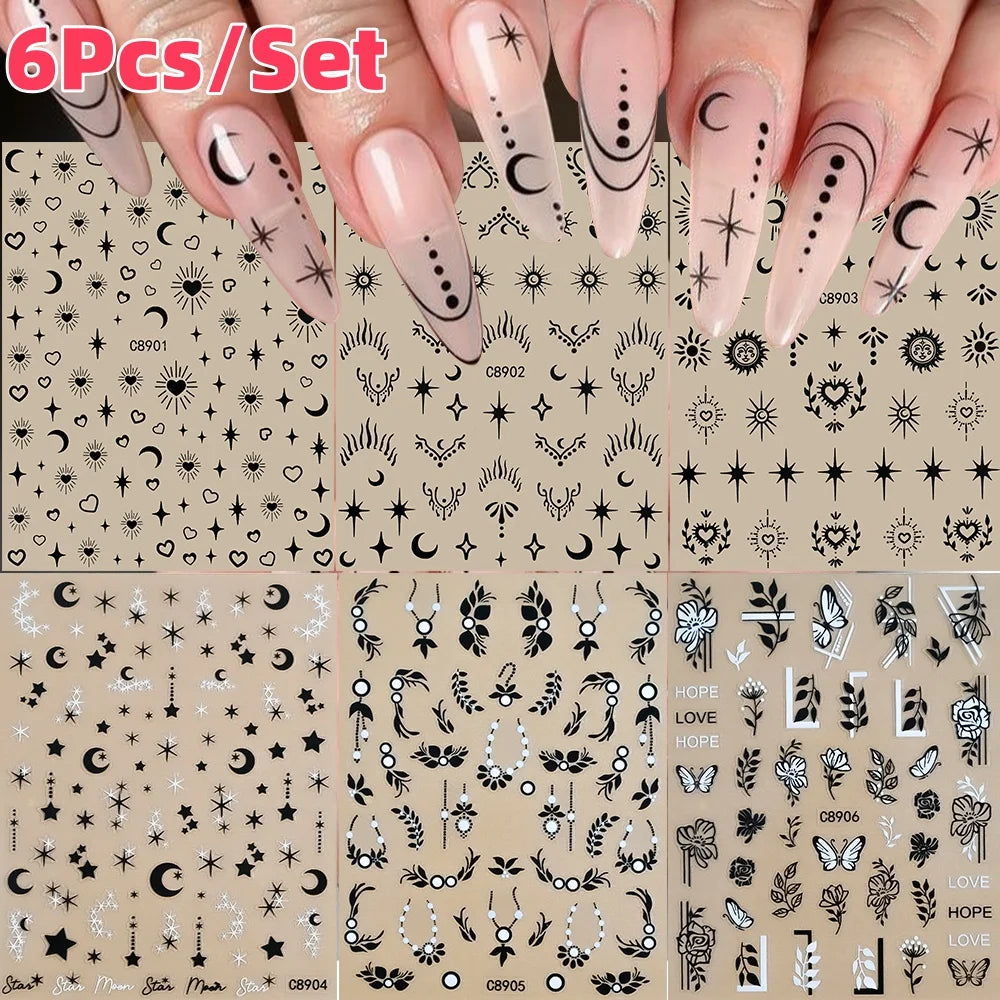 6Pcs/Set Metal Silver Star Heart Moon 3D Nail Art Stickers