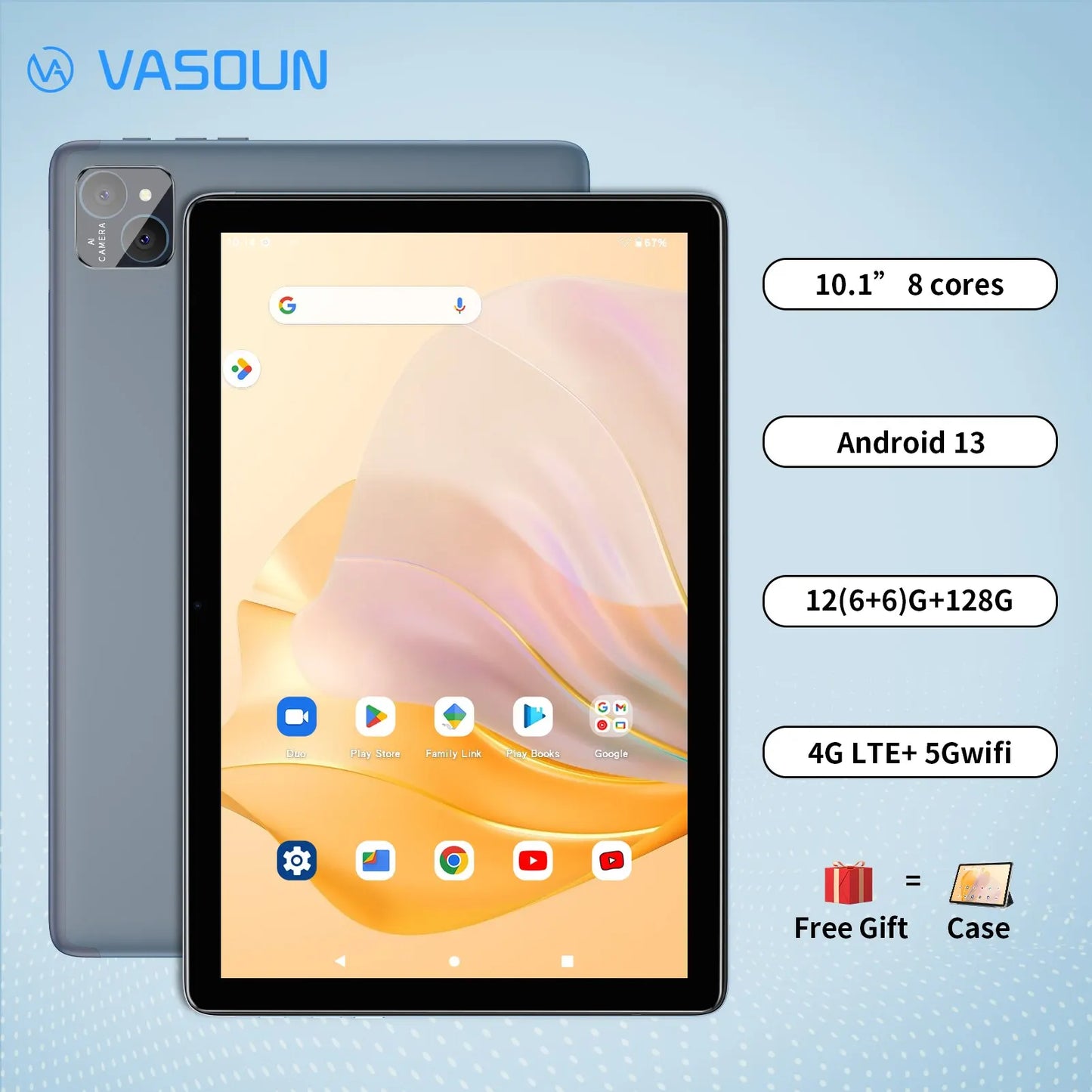 Tableta VASOUN Android 14 de 10,1", 12 GB (6 + 6 ampliables) de RAM, 128 GB de ROM, ocho núcleos, doble SIM 4G desbloqueada con WiFi 2,4 G/5 G GPS