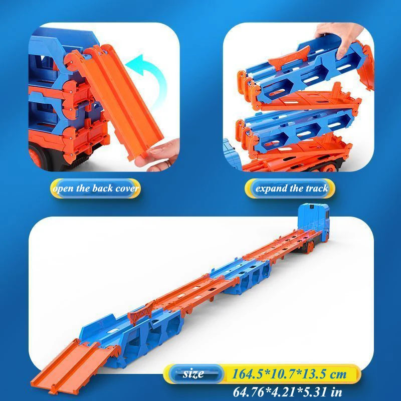 Large Car Transporter Truck with Folding Track and Racing Vehicles for Kids - Competitive Games and Storage Alloy Car Toy - Perfect Gift for Boys