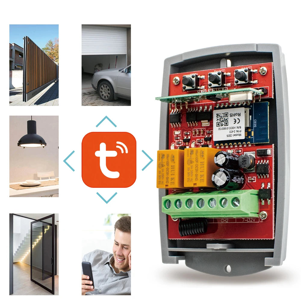 2 Channel WiFi Tuya Smart Garage Gate Opener Remote Control Receiver with 433MHz Transmitter