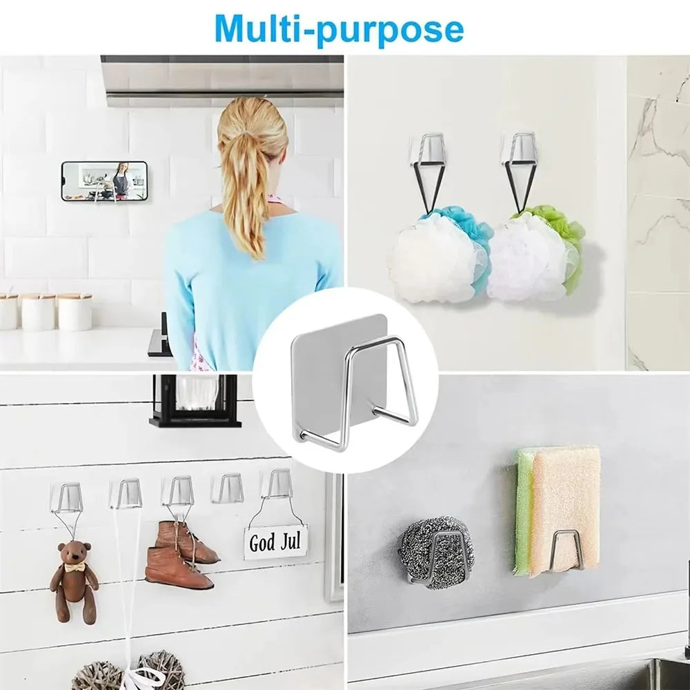 1-2Pcs Kitchen Sink Sponge Rack Drain Storage Holder Self Adhesive Stainless Steel Organizer Hooks
