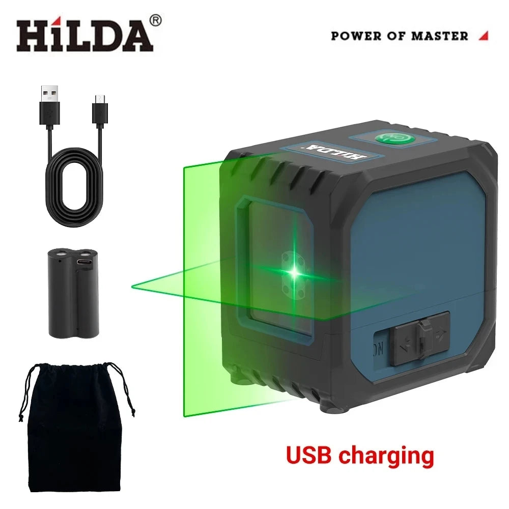 HILDA 2 Lines Mini Laser Level Self Levelling Green Beams Laser Horizontal & Vertical Cross-Line USB Charging