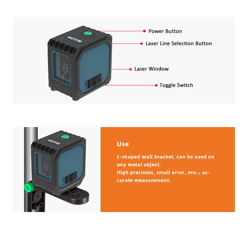 HILDA 2 Lines Mini Laser Level Self Levelling Green Beams Laser Horizontal & Vertical Cross-Line USB Charging