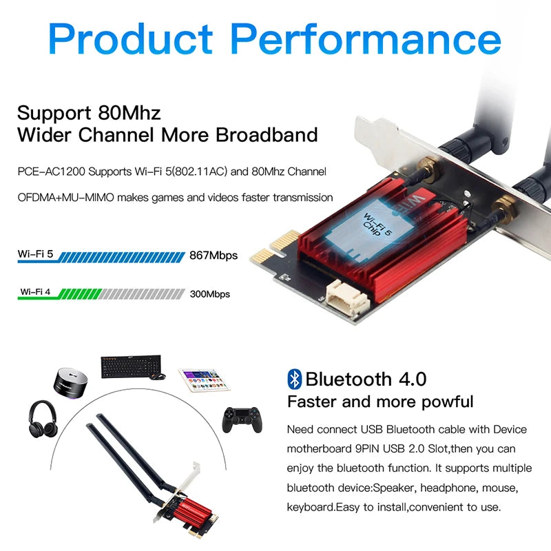 Adaptador inalámbrico PCI-E WiFi 5, tarjeta de red AC1200 de doble banda, 2,4 G/5 GHz, 802.11AC, para ordenadores de escritorio y portátiles con Bluetooth 4.0 y Windows 10