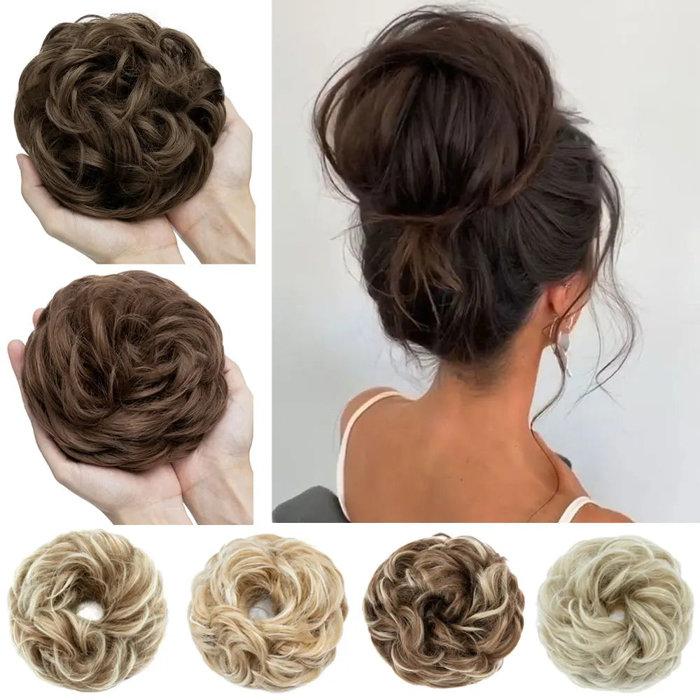 Hairro Synthetic Messy Hair Bun Chignon Scrunchies Fake Hair Band Braid Elastic Hairpiece Tail For Women Wrap Curly Ponytail 55g