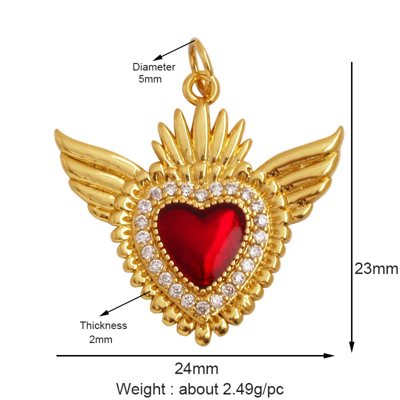 New Sacred Red Heart Charm Pendant 18K Gold Plated Zircon