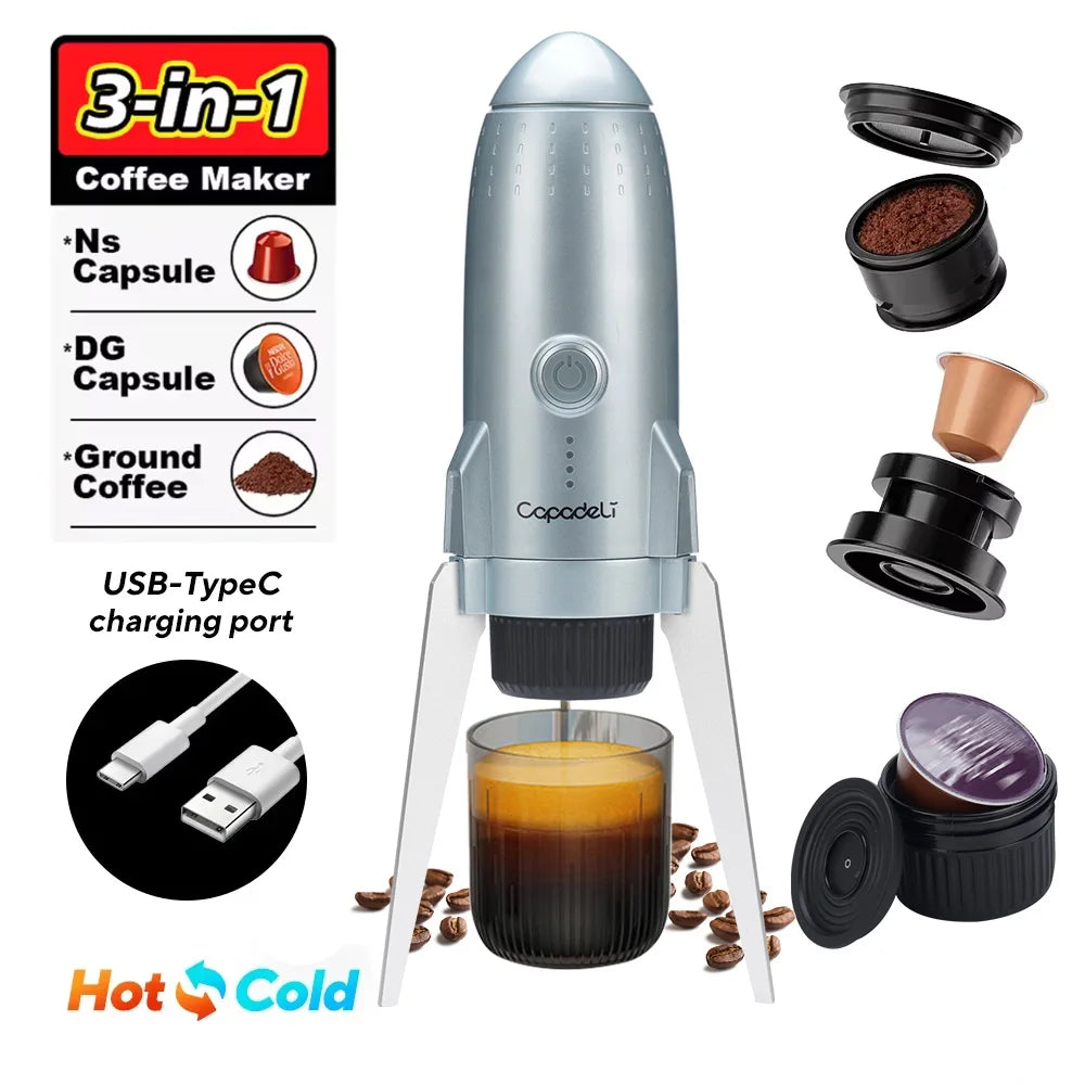 3-in-1 Portable Espresso Machine – Compatible with Nespresso Pods & Ground Coffee, Rechargeable for Travel/Car Use