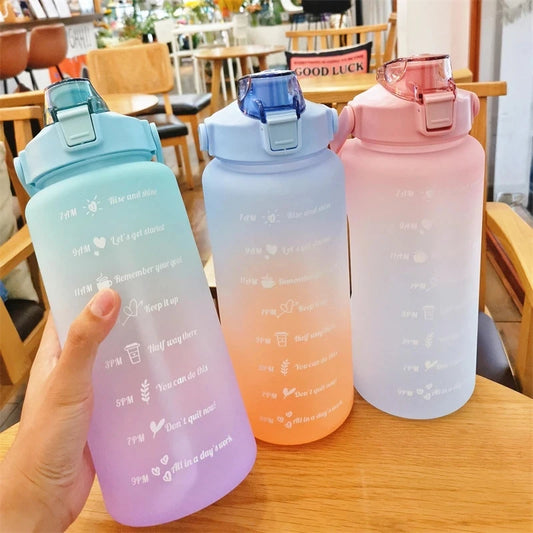 2L/750ML Outdoor Large Capacity Sport Water Bottle Creative Plastic Cup Bounce Cover Outdoor Leakproof Straw Cup  Time Marker