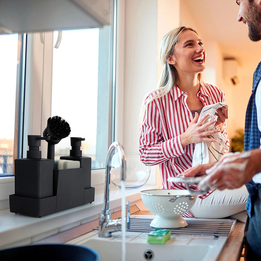 Matte Black Kitchen Soap Dispenser and Sponge Holder Set for Sink Caddy with Hand Soap and Dish Soap Storage