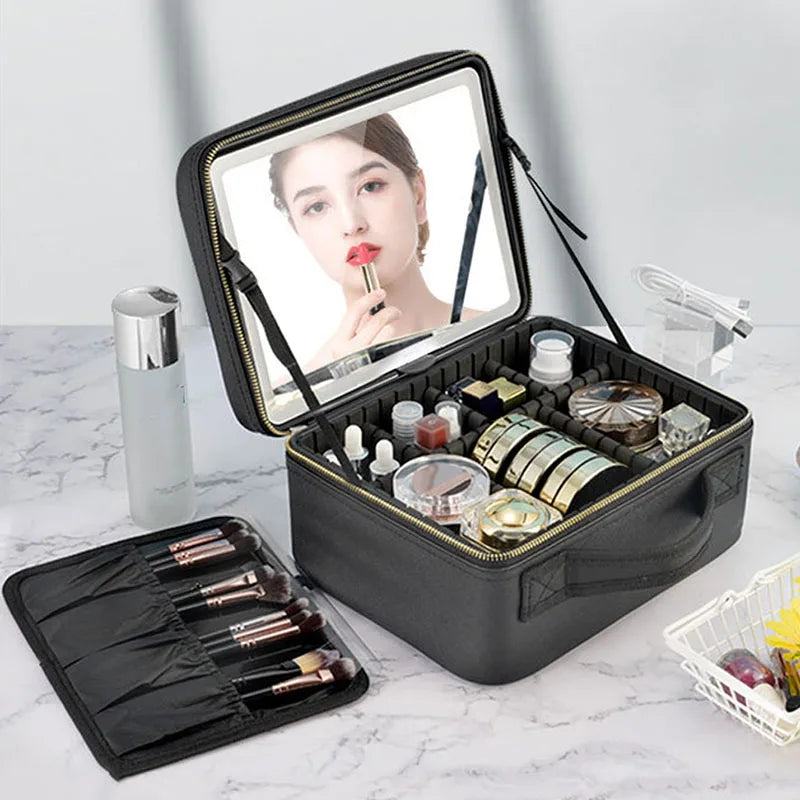 Smart LED Travel Makeup Case with Mirror Large Capacity Organizer for Women and Beauticians