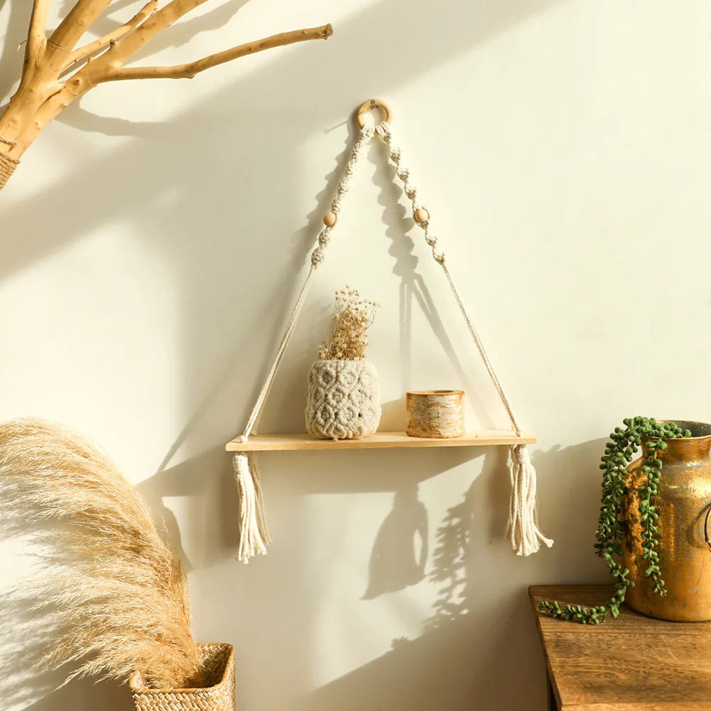 Wooden Wall Shelves Boho Floating Macrame Hangers Rustic Decor