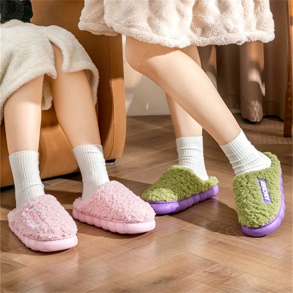 Women Winter Warm Home Slippers Thicken Indoor Boy Girl Floor Slides Plush High Heels Fur Cotton Shoes Ladies Couples Slipper