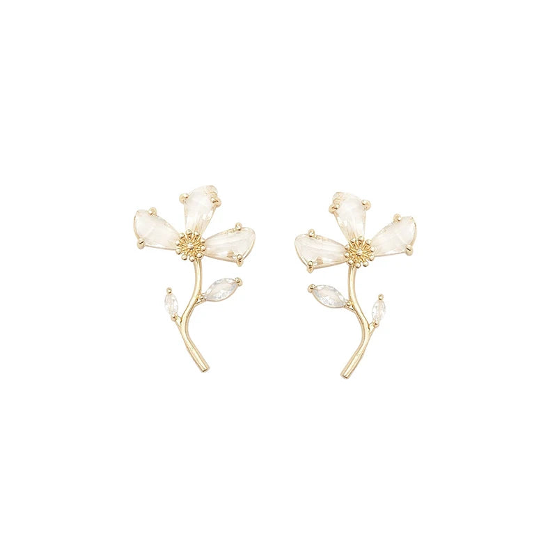 Gold Plated CZ Stone Flower Earrings Stud Korean Fashion Women Earrings Clear Crystal Stone Women Post Jewelry