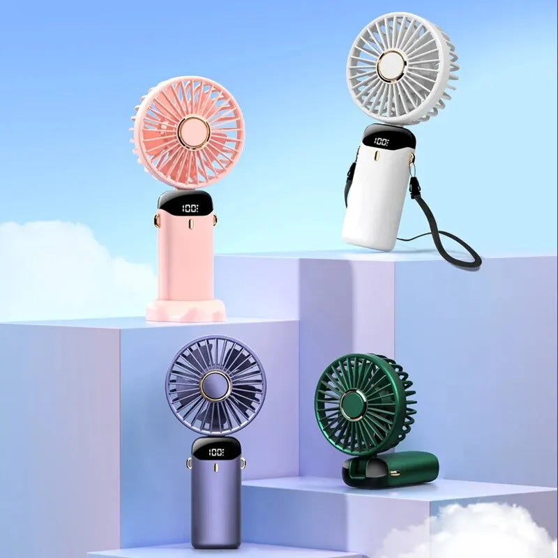 Mini ventilador portátil de mano USB, plegable, para colgar en el cuello, recargable, de 5 velocidades, con soporte para teléfono y pantalla de visualización