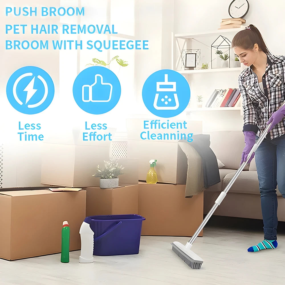 Rubber Broom with Long Handle for Pet Hair Removal Non Scratch Floor Brush for Carpet and Hard Surface Cleaning