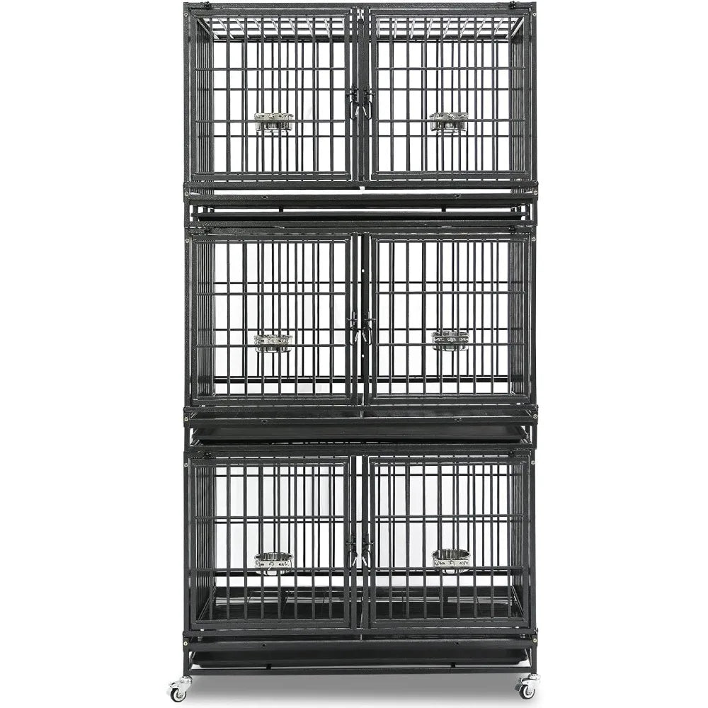 Three Tiers 43 inch Heavy Duty Dog Crate with Wheels, Stackable Indestructible Steel Dog Cage Kennel Indoor with Divider, Trays
