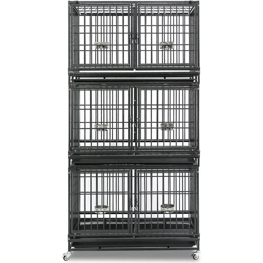 Three Tiers 43 inch Heavy Duty Dog Crate with Wheels, Stackable Indestructible Steel Dog Cage Kennel Indoor with Divider, Trays