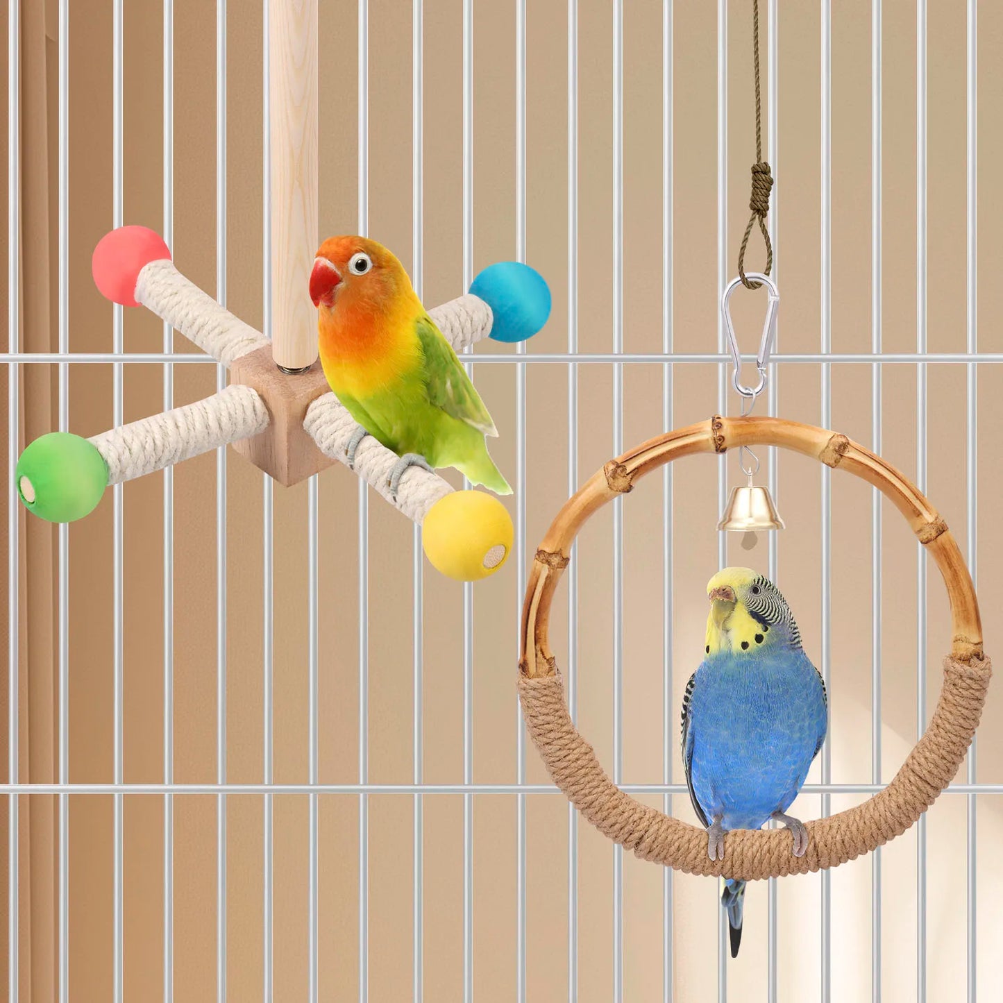 2Pcs Bird Standing Toy Set 360° Rotatable & Bell Wooden Interactive Spinning Parakeet Toys for Bird Cage Accessories NEW