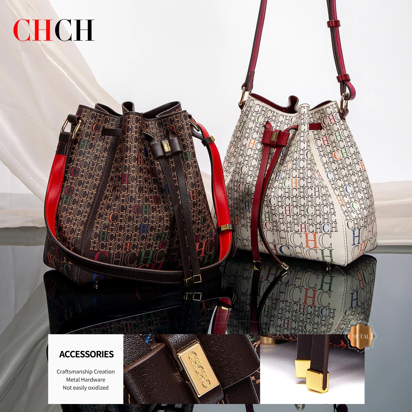 CHCH Women's Handbag 2024 New Drawstring Bucket Bag Coffee Color Letter Printed Wallet