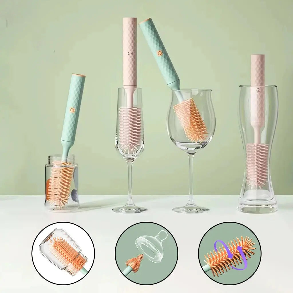 3 Pieces Electric Bottle Brush Set with 360 Degree Rotating Long Handle Waterproof Silicone Cleaning Brushes for Straws and Pacifiers